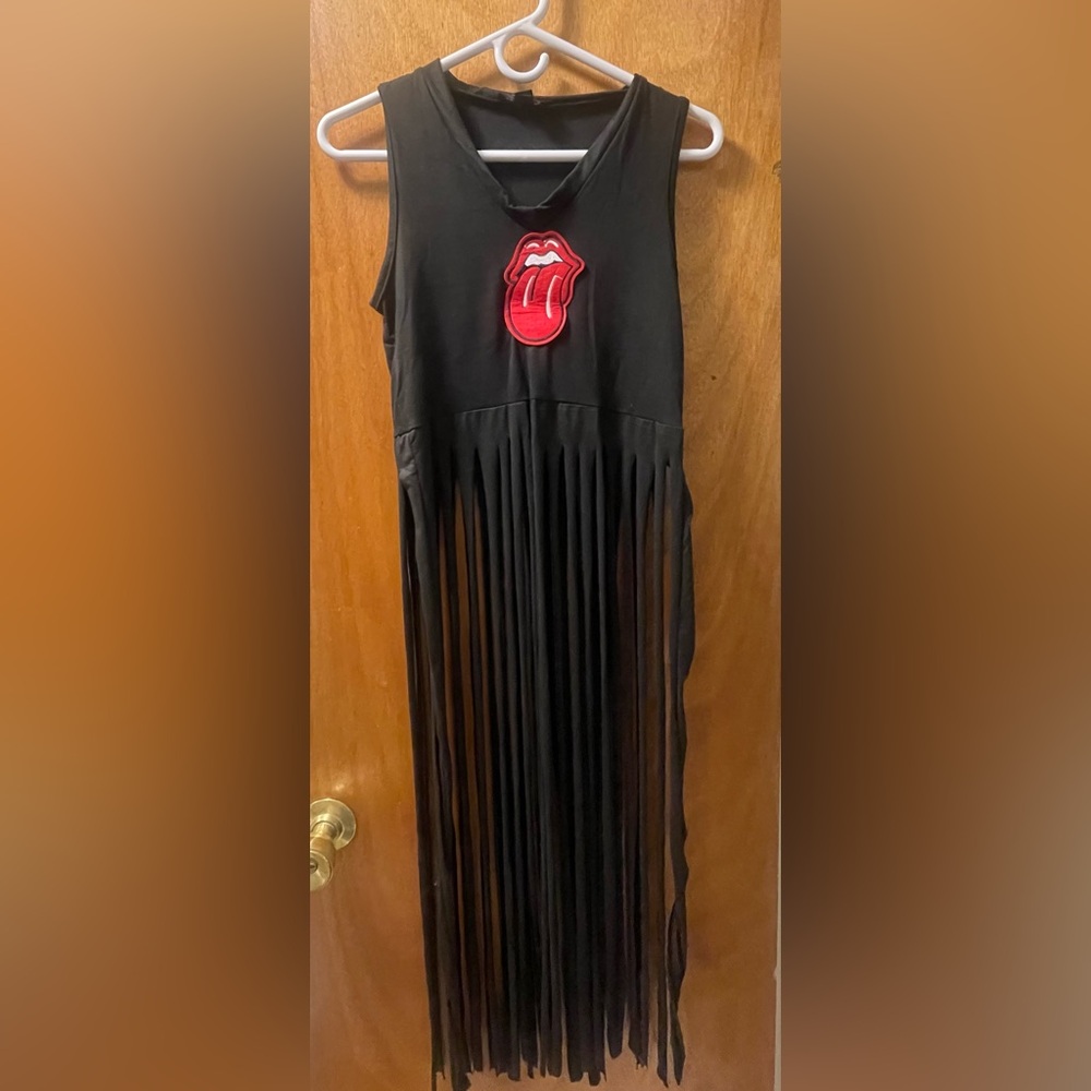 Black Fringe Tank Top with Rolling Stones Patch